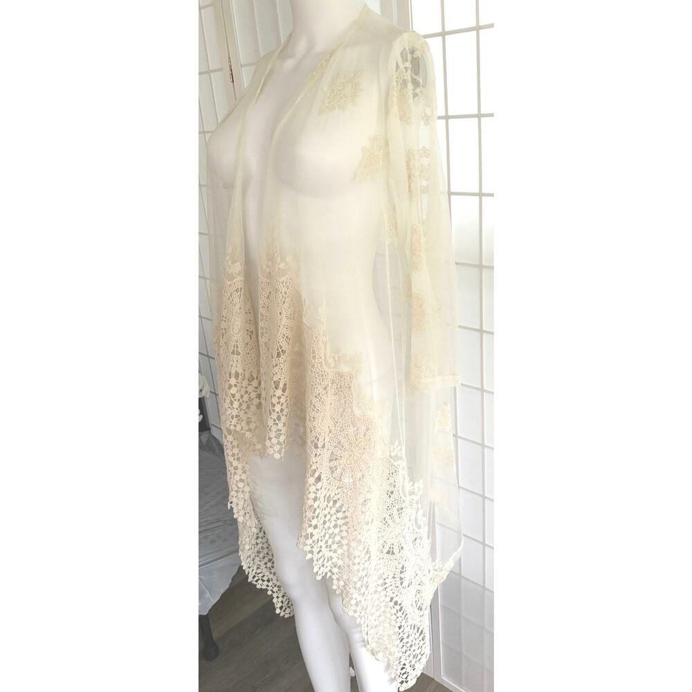 Ivory Sheer Lace Kimono Duster Boho Festival Beach Cover Up M/L